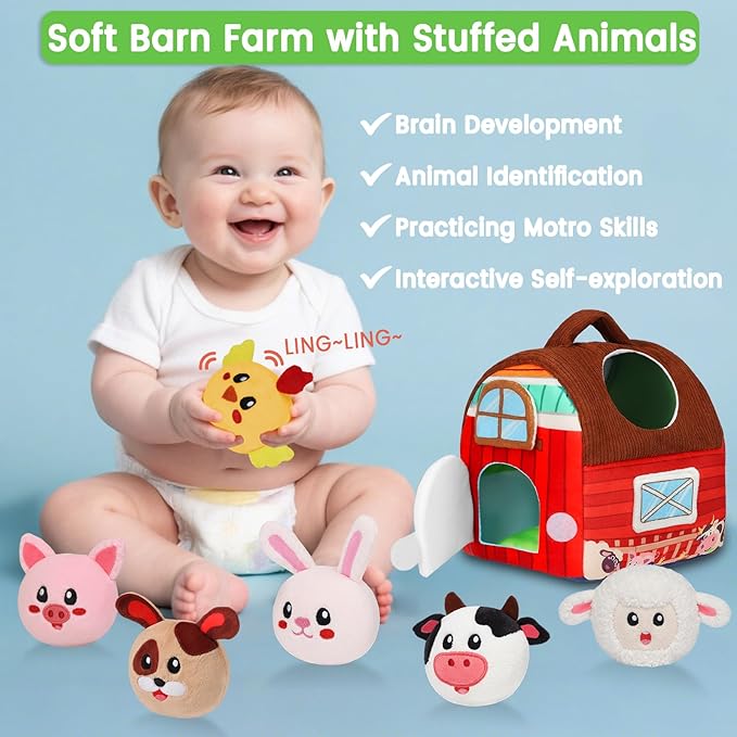 Avesa Baby Toys 6-12 Months - Soft Barn Toy with Stuffed Farm Animals, Rattle - Montessori Toys for Babies 6 Months Old Sensory Infant Toy Baby Valentines Day Gifts Easter Basket Stuffers