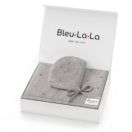 Bleu La La Baby Gift Set - Organic Cotton Newborn Blanket Essentials, Thoughtful Baby Shower & New Baby Gift for Boys & Girls (Pointelle - Dove Grey)