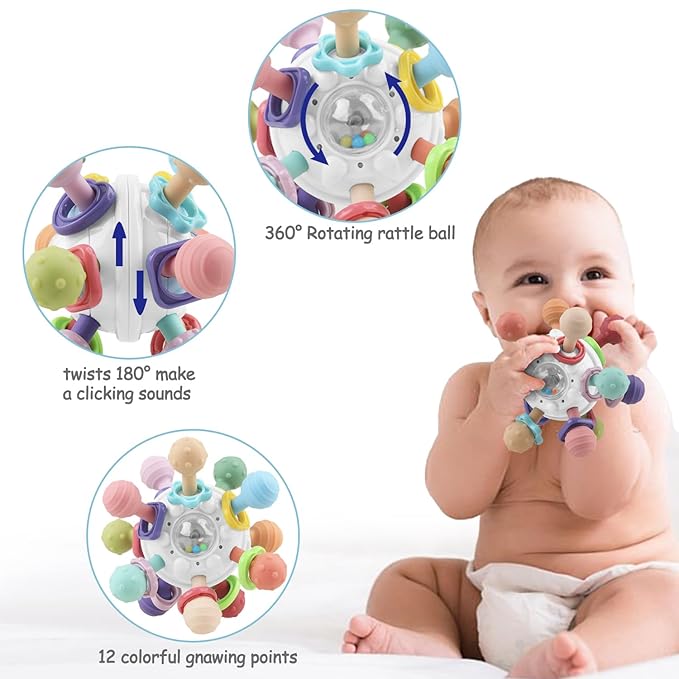 Baby Sensory Montessori Toy - Infant Teething Relief - Teethers for Newborn - Developmental Rattles Chew Toys Gifts for 0 3 6 9 12 18 Months Girl Boy -Toddler Travel Toy for 1 2 One Year Old (White)