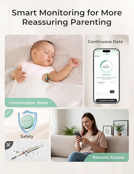 Momcozy Wearable Digital Thermometer for Baby, Medical-Grade Accurate Smart Thermometer, Instant Reads, APP Real-time Monitoring for Infants & Kids, Hypoallergenic 3M Stiker,Bluetooth, 180H Lasting