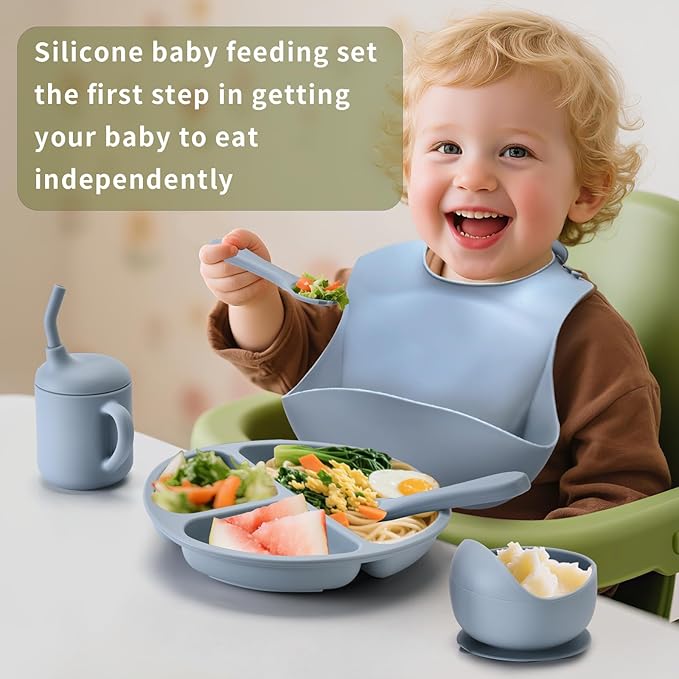 Baby Silicone Feeding Set, Baby Weaning Set, Baby Essentials, Includes Baby Spoons, Baby Bibs, Suction Plates for Baby， Baby Bowls, Food Grade Silicone, BPA Free (A-1)