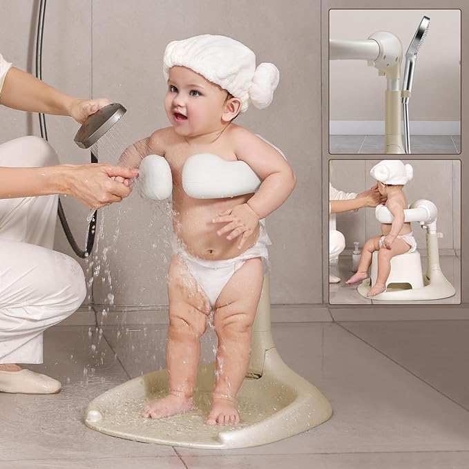 Adjustable Baby Shower Stand, Baby Bath Stand, Baby Shower Standing Support with Adjustable Height and Safety Handle, Foldable and Compact Baby Bathtub with Stand for Baby 6-36 Months (Khaki)