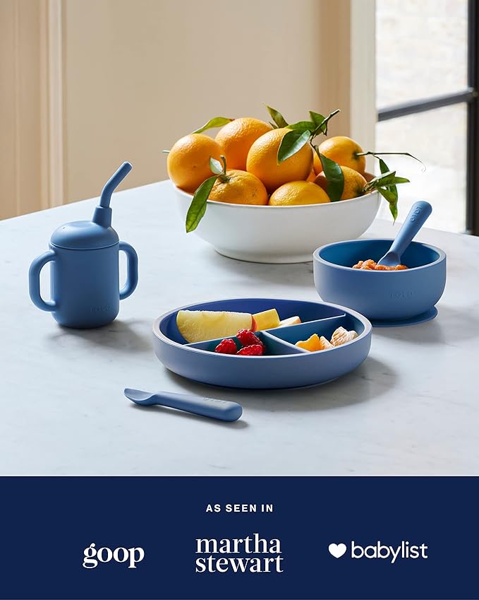 Lalo First Bites Silicone Baby Feeding Set - Baby Led Weaning Supplies - Non-Toxic Silicone - Includes 1 Bib, 2 Spoons, Training Cup, Suction Plate and Bowl - 6 Pieces - Lavender