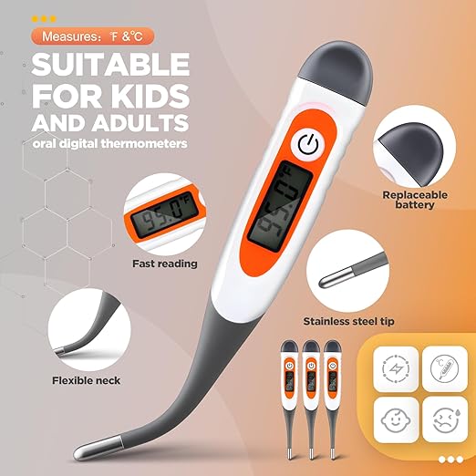TrelaCo 10 Pcs Thermometer for Adults Digital Oral Thermometer for Fever Basal Body Fast Reading Flexible Tip for Underarm Rectal Mouth Temperature Measurement (Gray)