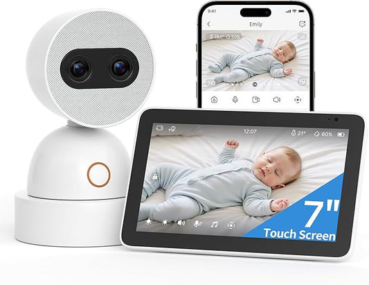 Simsky Split Screen Video Baby Monitor with Cameras, Dual 4MP Cameras with 6X Zoom, 7" UHD Touch Screen Portable Audio Baby Monitor 32GB Local Storage