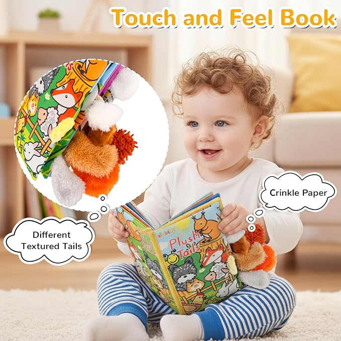 HECCEI Baby Cloth Books Soft Baby Book 0-6 Months Crinkle Books with Plush Tails Touch and Feel Sensory Toys for Infant Tummy Time for 3 Months+ Easter Basket Stuffers