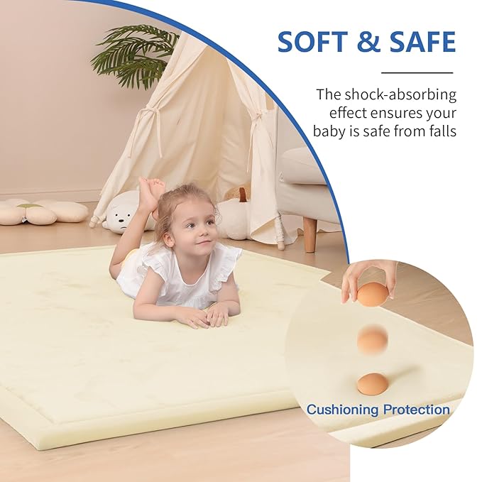 Huloo Sleep Baby Play Mat for Floor, 1.3" Thick Elasti-Foam 50x50 Playpen Mat for Toddlers Infant Kids,Water-Repellent Soft Velvet for Tummy Time, Non-Slip Backing for Crawling, Tatami Style(Vanilla)
