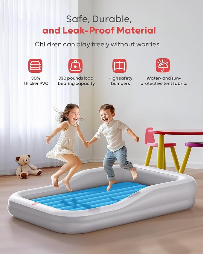 QPAU Inflatable Toddler Travel Bed with Tent, Portable Kids Air Mattress with Safety Sides, Ideal for Home, Grandma's, Camping, Traveling -Includes Fast Electric Pump