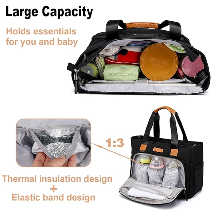 Diaper Tote Bag, 4 in 1 Tote Diaper Bag with 16" Laptop Compartment, Baby Bag with 3 Insulated Pocket for Mam and Dad, Ideal for Travel, Work (Black) | Gift for New Moms, Machine Washable