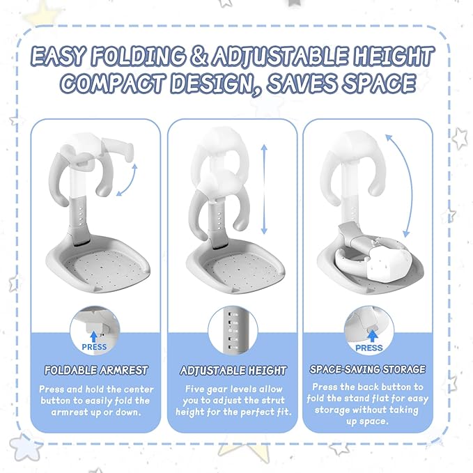 Foldable Baby Shower Stand, Toddler Bath Standing Support with Anti-Slip Base and Shower Holder, Adjustable 5 Levels Height, Ideal Gift for Infants 6-36 Months-Pink