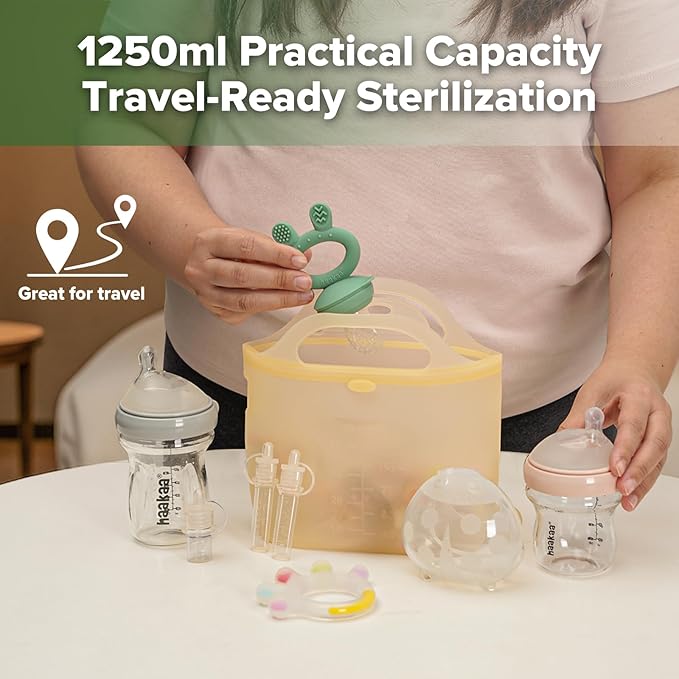 Haakaa On-The-Go Silicone Microwave Steam Sterilizer Bags for Travel, 40oz/1250ml Reusable Silicone Steaming Bags for Baby Bottles, Breast Pump, Accessories, Pacifiers, Teethers, Pineapple/2PCS