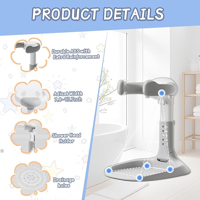 Foldable Baby Shower Stand, Toddler Bath Standing Support with Anti-Slip Base and Shower Holder, Adjustable 5 Levels Height, Ideal Gift for Infants 6-36 Months-Grey