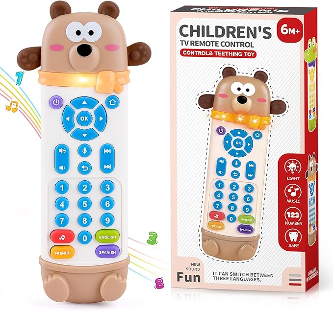 Baby Remote Control Toy, Remote Teether for Baby with Realistic Light and Sounds - 3 Languages (English, Spanish & French), Baby Musical Toys Gifts for Boys Girl 6 Month+