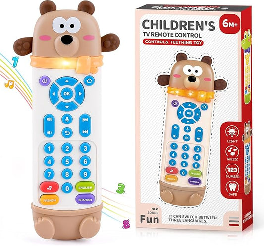 Baby Remote Control Toy, Remote Teether for Baby with Realistic Light and Sounds - 3 Languages (English, Spanish & French), Baby Musical Toys Gifts for Boys Girl 6 Month+