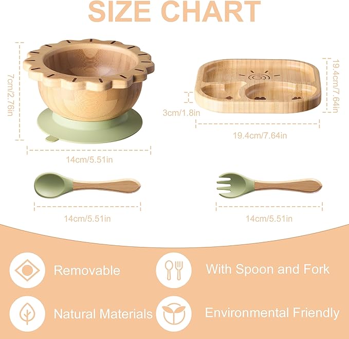 BABY REMEMBER Suction Plates Bowls Set for Baby Toddler Non-Toxic Bamboo Feeding Set with Silicone Fork & Spoon (Green Feeding Set)