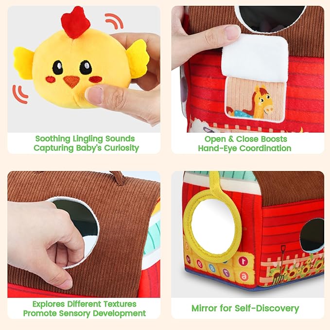 Avesa Baby Toys 6-12 Months - Soft Barn Toy with Stuffed Farm Animals, Rattle - Montessori Toys for Babies 6 Months Old Sensory Infant Toy Baby Valentines Day Gifts Easter Basket Stuffers