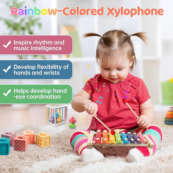 6 in 1 Montessori Baby Toys for 1 Year Old, Toddlers Sensory Teething Toys for Babies, Wooden Stacking Building Blocks Shape Sorter, Xylophone Musical Toy, Educational Birthday Gift for Kids 1 2 3