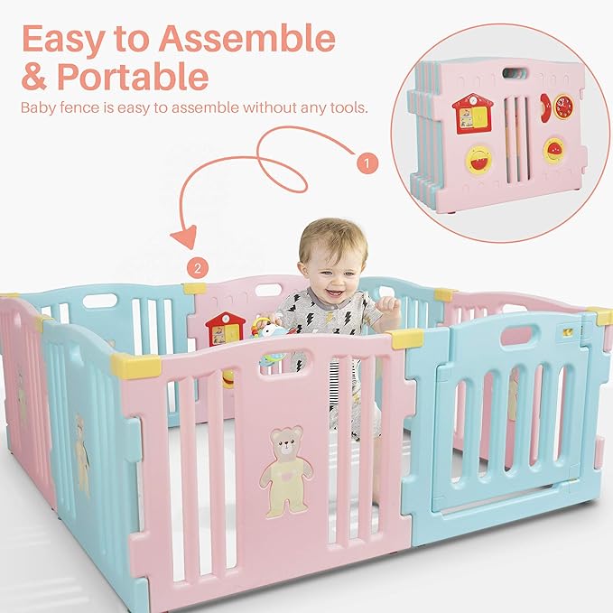 Kidzone Interactive Baby Playpen 8 Panel Play Yard with Safety Gate Children Play Center Child Activity Pen Anti-Fall Play Pen for Toddler, ASTM Certified – (Pink- Blue)