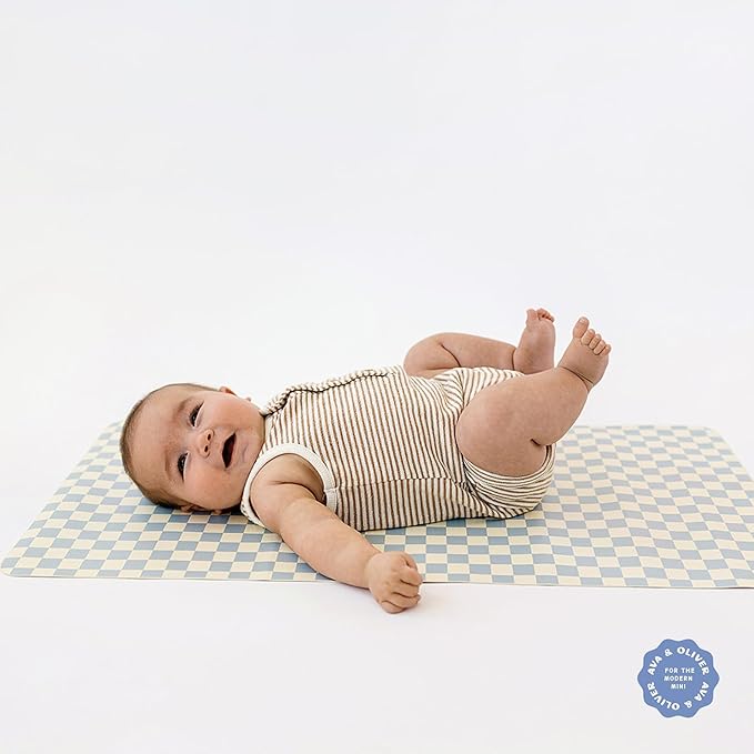 Ava + Oliver Vegan Leather Baby Changing Mat (16 X 30 in) - Multipurpose Wipeable and Portable Diaper Changing Pad - Foldable for Travel (Sky Checker)