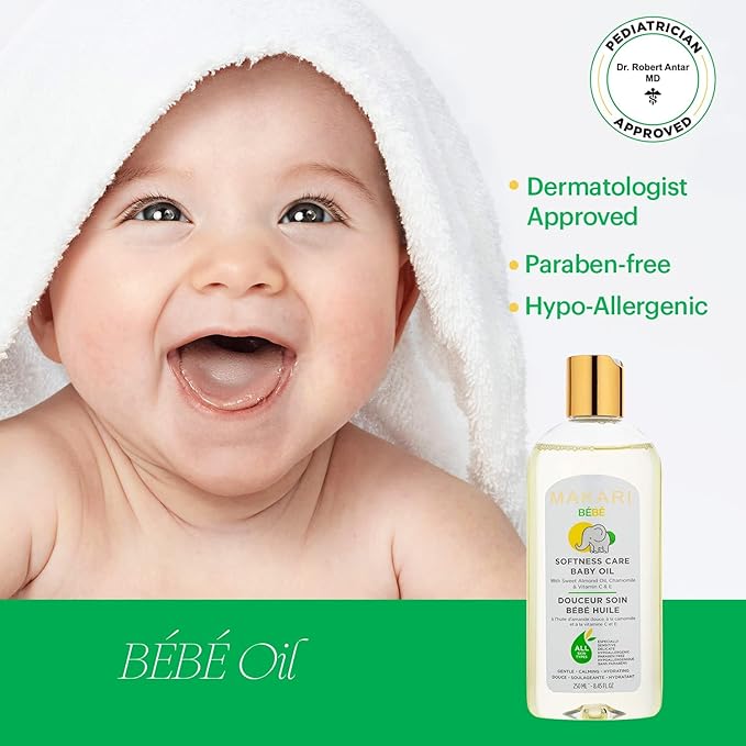 Makari Softness Care Baby Oil with Sweet Almond, Chamomile & Vitamins C & E | Hypoallergenic & Paraben-Free | Ideal for All Skin Types | Gentle Formula for Sensitive Newborn Skin