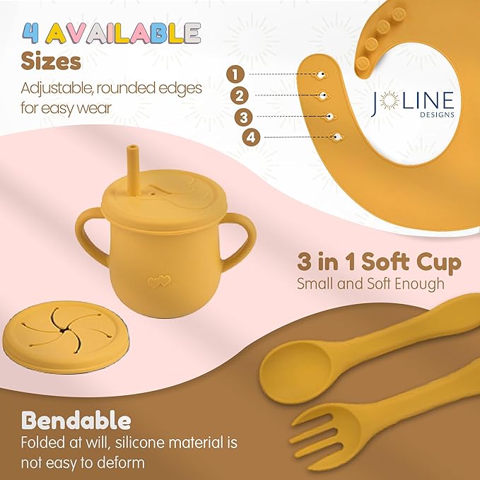 Joline Designs Silicone Baby Feeding Set - Perfect silicone plates for baby & Toddler Plates with lid, Baby Bowls with Suction, Baby Utensils - Baby Led Weaning Supplies & Eating Essential - (Yellow)