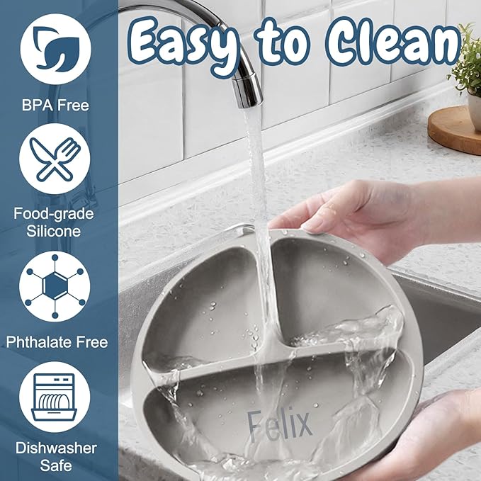 Personalized Silicone Baby Feeding Set with Name, Customized Baby Led Weaning Supplies Self Feeding Eating Utensils with Spoon, Fork, Silicone Suction Bowls, Cup, Plate Army Green