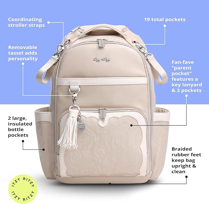 Itzy Ritzy Diaper Bag Backpack – Large Capacity Boss Plus Baby Backpack Diaper Bag Featuring 19 Pockets, Changing Pad, Stroller Clips, and Comfortable Backpack Straps, Oat