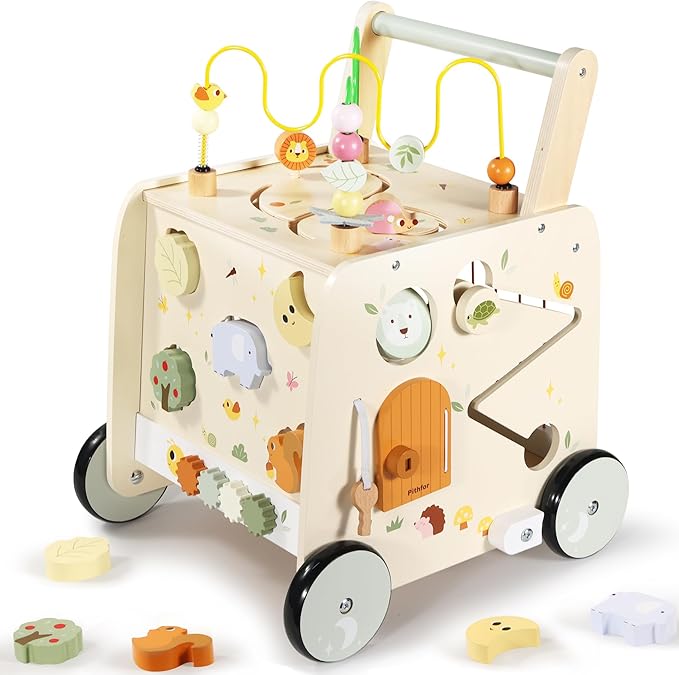 Wooden Activity Cube Push Walker, Wooden Baby Walker, Montessori Push Toys for Babies Learning to Walk & Sit-to-Stand