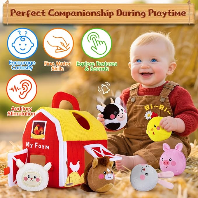 teytoy Baby Toys for Newborn 6-12 Months, Soft Barn with 6 Stuffed Farm Animals Playset for Toddlers Boys Girls 1-3 Years Baby Sensory Toys Birthday Easter Basket Stuffers Christmas Gifts