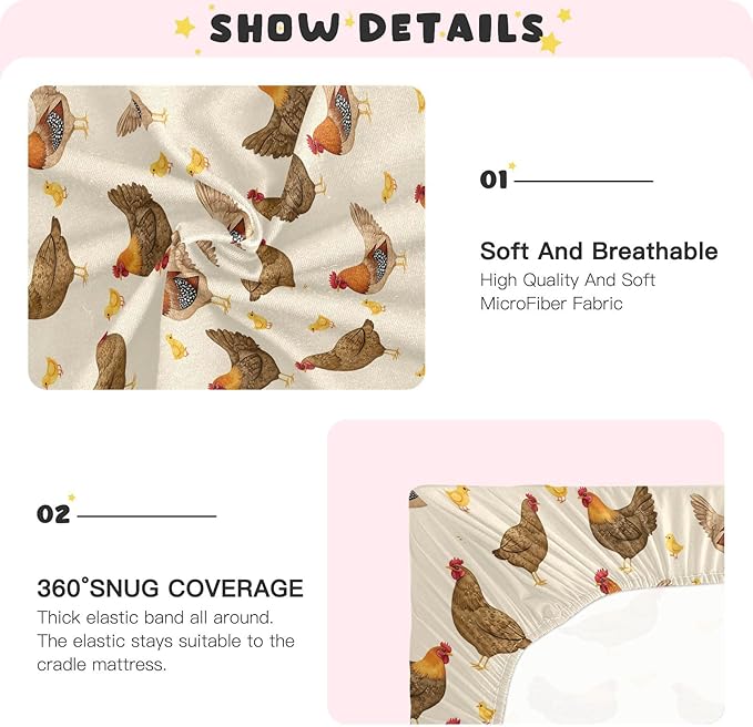 Pfrewn Crib Sheets for Boys Girls Hens Roosters Chickens Set Fitted Crib Sheet for Mini Crib Mattress Stretch Soft Toddler Baby Playard Sheet, 39x27x5IN