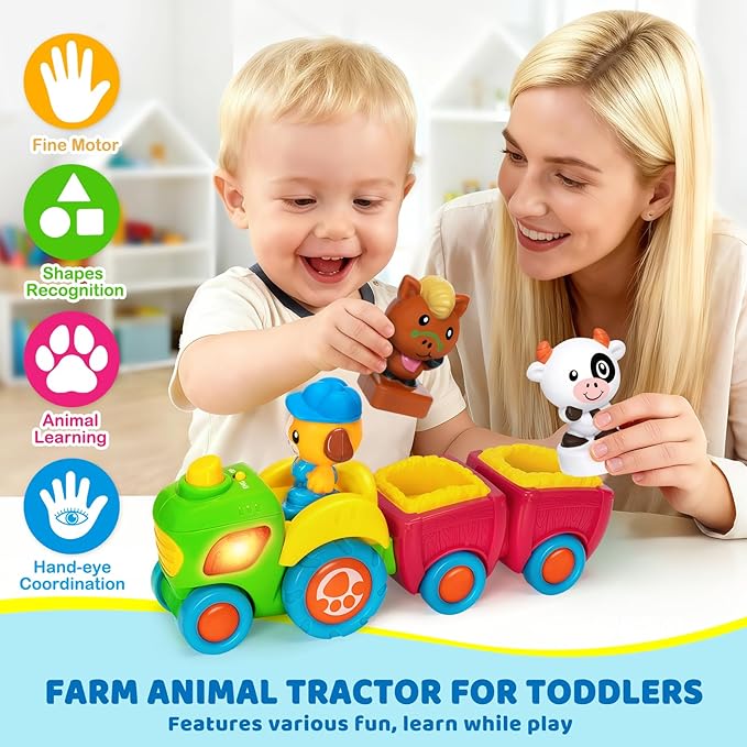 Animal Farm Tractor Toy for Toddler 1 2 3 Years Old, Musical Tractor Set with 3 Farm Animals, Montessori Learning Toy with Lights and Sounds, Christmas Birthday Gifts for Boys Girls 12 18 24 Months