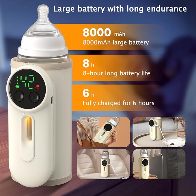 Portable Baby Bottle Warmer,Baby Breastmilk Bottle Warmer Multi-Function Milk Formula Heater,Defrosting Fits Most Bottles Ideal for Travel & Home Baby Feeding On The Go,8000 mAh Battery