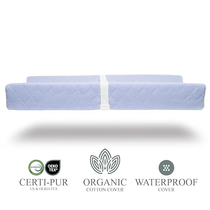 Organic Cotton Contoured Baby Changing Pad w/Waterproof Foam Mattress, Includes Soft, Removable & Washable Cover, Safety Strap, Non-Slip Bottom, Topper for Standard Size Infant Diaper Table & Dresser