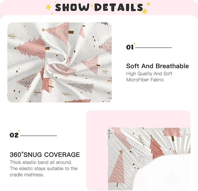 Pfrewn Christmas Crib Sheets for Boys Girls Pink Pastel Christmas Trees Star Gold Glitter Fitted Crib Sheet for Mini Crib Mattress Stretch Soft Winter Pattern Toddler Baby Playard Sheet,39x27IN