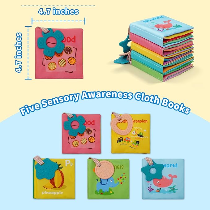 5-Pack Soft Cloth Crinkle Books for Babies 0-3, Washable Non-Toxic Sensory Early Educational Toys, Bath & Learning Cloth Books for Infants