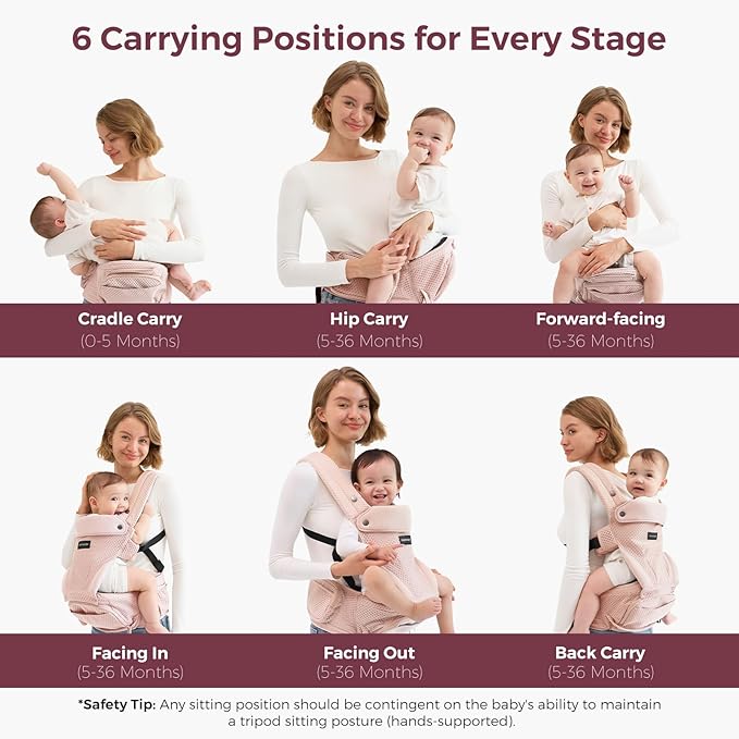 Momcozy Baby Carrier with Hip Seat, 2-in-1 Forward-Facing Carry for Active Babies, Detachable Hands-Free Carrier up to 44lbs, Breathable Infant Carrier Fits Waist Sizes up to 45 Inches, AirMesh Pink