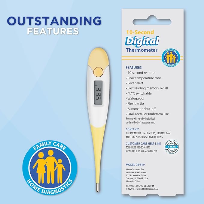 Veridian Digital Thermometer | 10-Second Readout | F C Temperature Modes| Flexible Tip | Hygienic Water-Resistant Easy Cleaning | Storage Case + Instructions Included