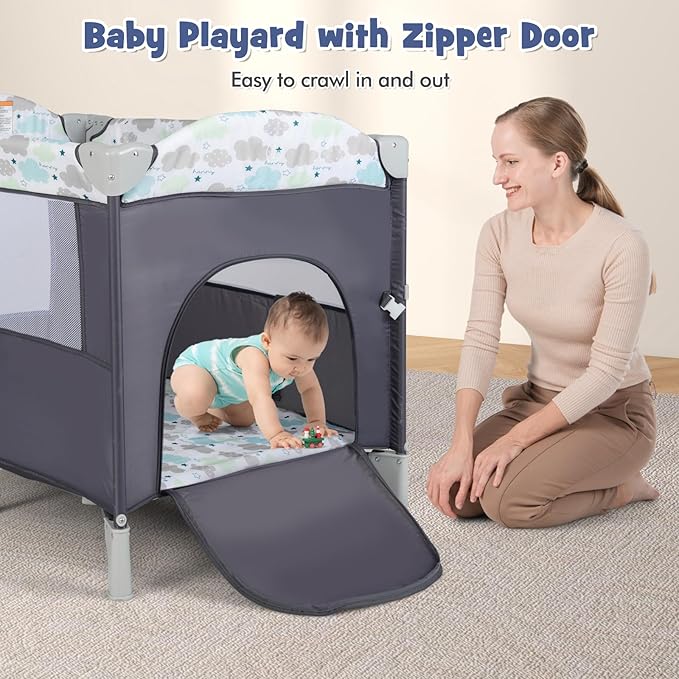 HONEY JOY Pack and Play with Bassinet, 5-in-1 Baby Bedside Sleeper w/Diaper Changing Table & Storage Bag, Toy Arch & Music Box, Detachable Side Rail, Portable Baby Play Yard w/Carry Bag(Gray)