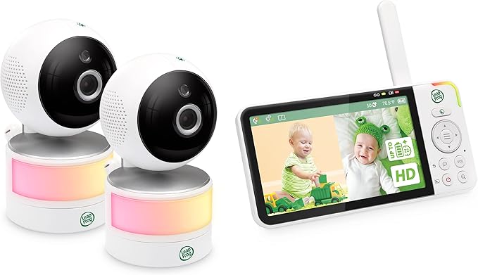 LeapFrog LF915-2HD Baby Monitor, 2 Cameras, 5” 720p Screen, 360° Pan-Tilt-Zoom, Color Night Vision, Night Light, Two-Way Intercom, Secured Transmission No WiFi