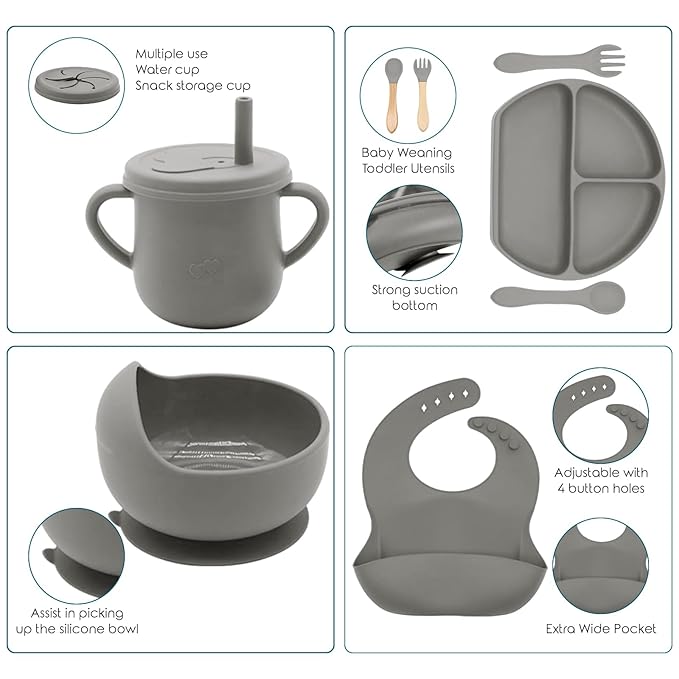 Dormlony 100% Silicone baby feeding set,BPA free Baby dishes set with Suction Bowl Divided Plate,Toddler Self Feeding Dish Set with Spoons Forks Sippy Cup And Bib, Baby Eating Utensils (Grey)