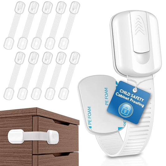 10 Pack Cabinet Locks Baby Proofing, SOGUDE Child Proof Cabinet Locks with Strong Adhesive Child Safety Locks for Refrigerator, Doors, Drawer Locks No Drilling, Cabinet Locks for Babies- White