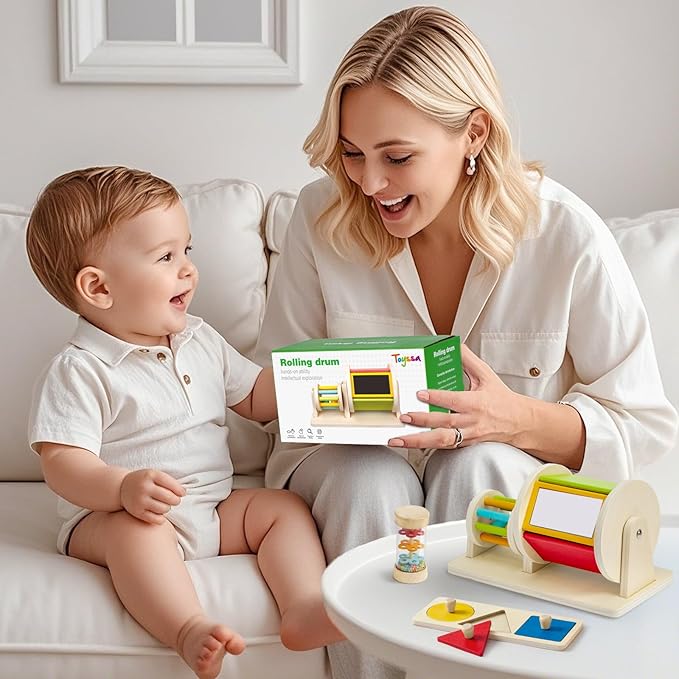 Toyssa Wooden Montessori Toys for Babies 6-12 months with Rainbow Color and Mirror Spinning Drum/Baby Shape puzzle 6-12 months/Sensory Toys Rain Rattle, Montessori Toys Gifts for Toddlers 1 Years Old