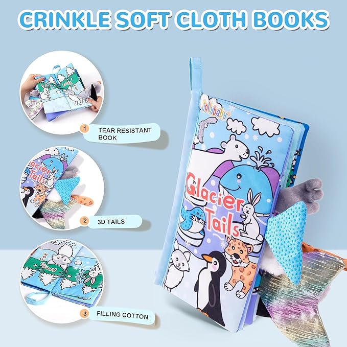 HECCEI Baby Cloth Books Soft Baby Book 0-6 Months Crinkle Books with Glacier Tails Touch and Feel Sensory Toys for Infant Tummy Time for 3 Months+ Easter Basket Stuffers