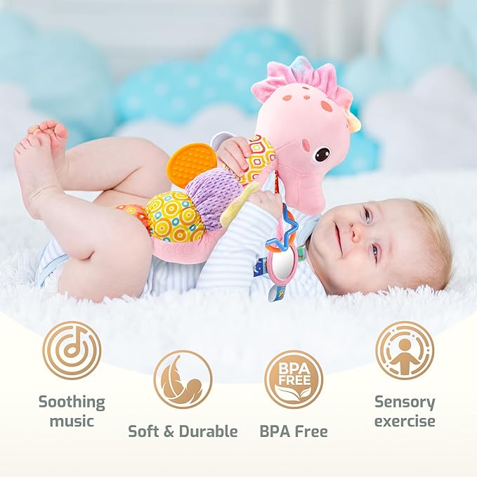 Sumobaby Infant Baby Musical Stuffed Animal Activity Soft Toys with Multi-Sensory Crinkle, Rattle and Textures, for Tummy Time Newborn 0-3-6-12 Months Girls,Seahorses - Pink with Baby Mirror