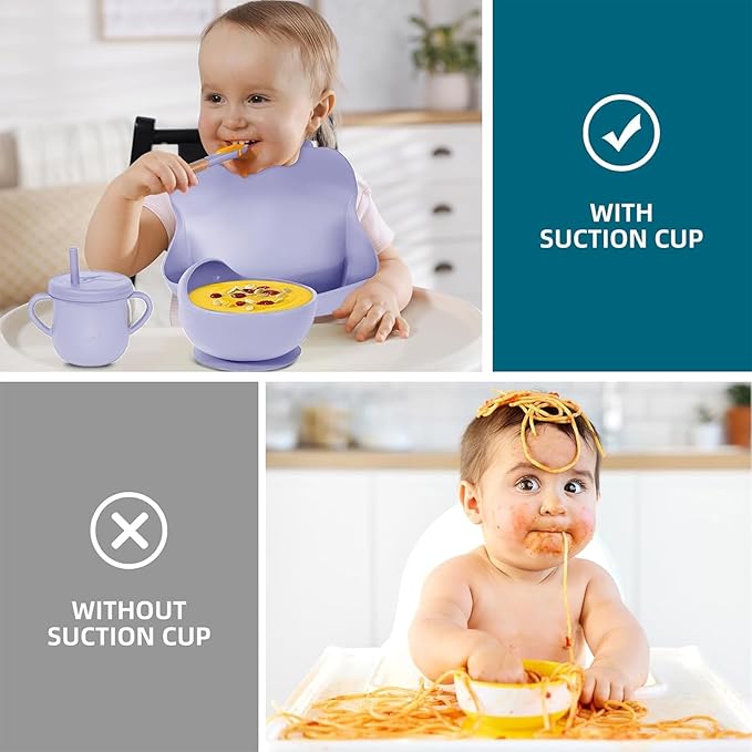 Dormlony 100% Silicone Baby Feeding Set,BPA Free Baby Dishes Set with Suction Bowl Divided Plate,Toddler Self Feeding Dish Set with Spoons Forks Sippy Cup and Bib, Baby Eating Utensils(Purple)