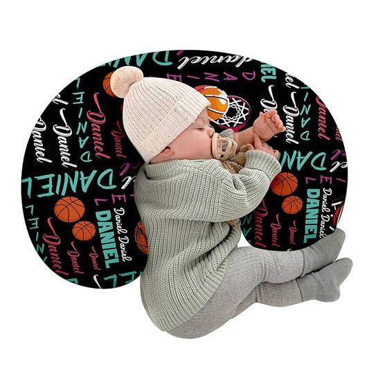 Rucekia Baby Nursing Pillow Cover - Personalized Name Basketball Theme Breastfeeding U-Shaped for Bottle Feeding, Ultra Soft Comfortable Breastfeeding Pillow Cover for Infant Baby Boys and Girls