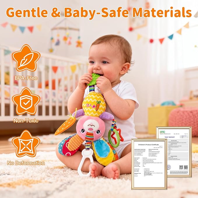 Baby Stroller Toy and Car Seat Toy for Infant with Teether Hanging Rattle Toys Clip on Stroller Toy Soft Plush Baby Toys for Boys and Girls 3-12 Months
