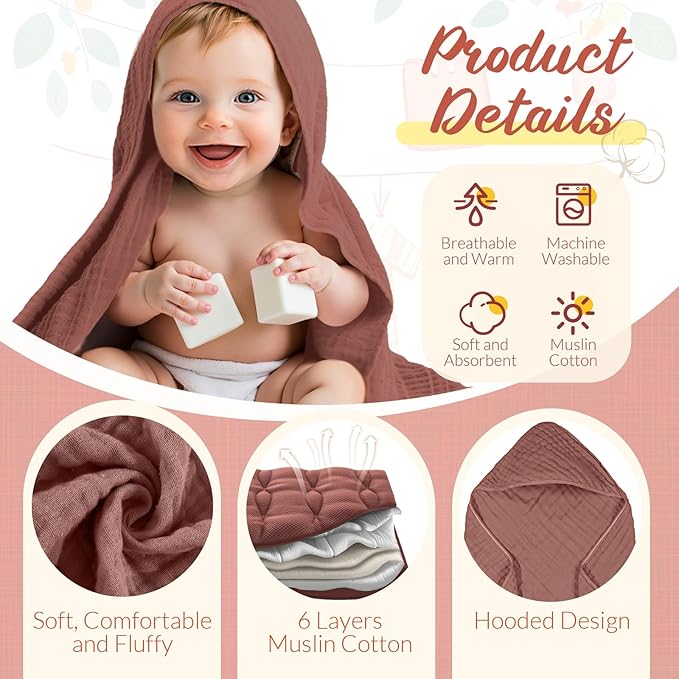 VitalCozy 12 Pcs Baby Muslin Hooded Bath Towels and Washcloths Muslin Cotton Hooded Baby Towels Absorbent Blankets for Gift Newborn Infant Shower (32 x 32 Inch,Girl Style)