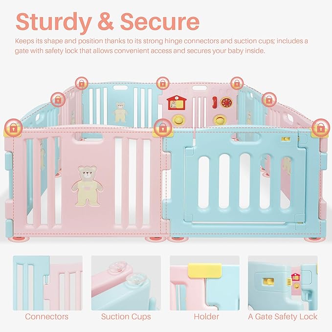 Kidzone Interactive Baby Playpen 8 Panel Play Yard with Safety Gate Children Play Center Child Activity Pen Anti-Fall Play Pen for Toddler, ASTM Certified – (Pink- Blue)
