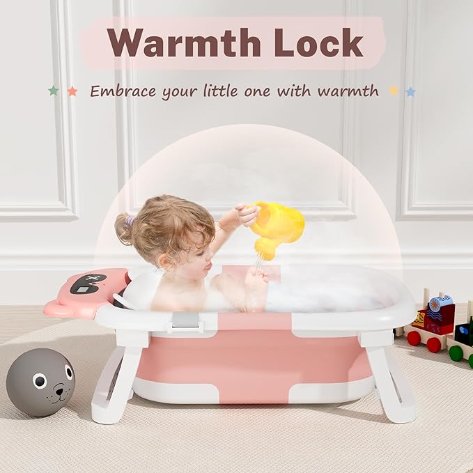 AVIDOR Baby Bathtub,Collapsible Bathtub for Newborn to Toddler,Durable Essential Infant Bath Tub,Portable Travel Baby Tub with Soft Cushion,No-Slip Hanging and Detachable(Pink)